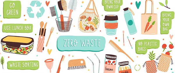 Collection of Zero Waste durable and reusable items or products - glass jars, eco grocery bags, wooden cutlery, comb, toothbrush and brushes, menstrual cup, thermo mug. Flat vector illustration.